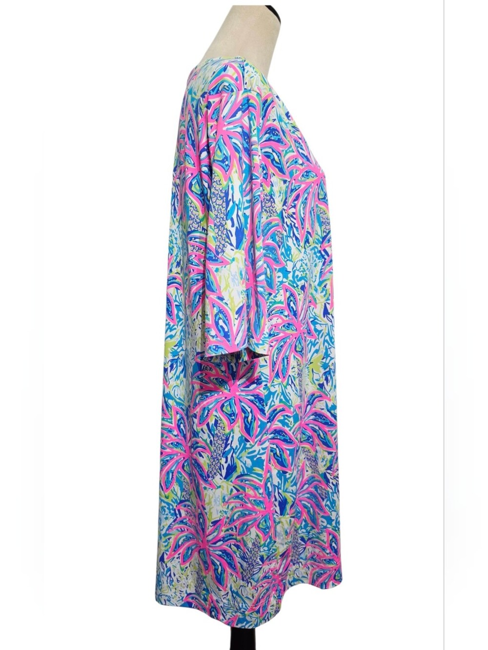 Lulu-B 1X SPF 50 Tropical Palm Print Dress Pink Blue 3/4 Sleeve Resort Plus - Picture 5 of 14